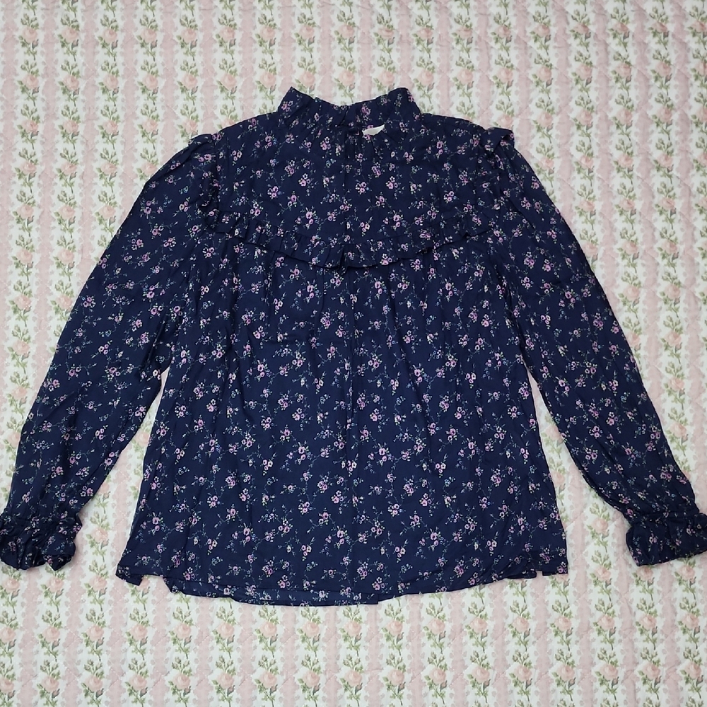 🎀 Loveshackfancy Ruffle Mock Neck Sleeves Floral Navy Blouse S